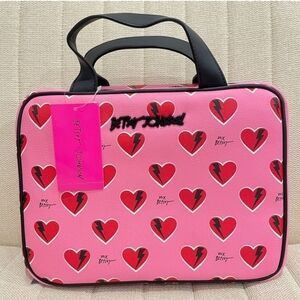 🔹️Betsey Johnson🔹️ Pink Red Heart Briefcase Travel Makeup Bag Double Sided Zip
